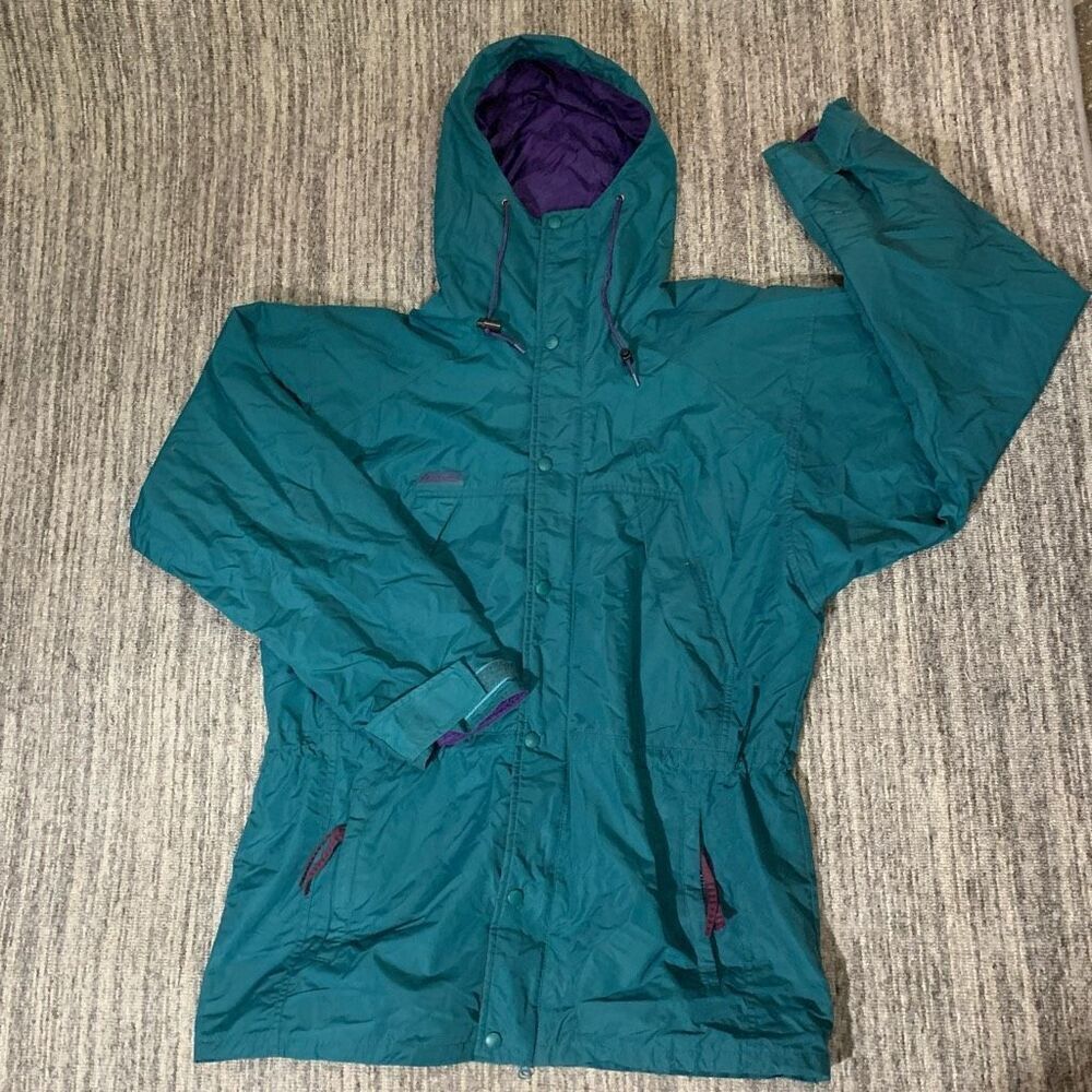 Vintage Columbia Mens Large Snap Zip Front Hooded Coat Green Purple Lining Nylon